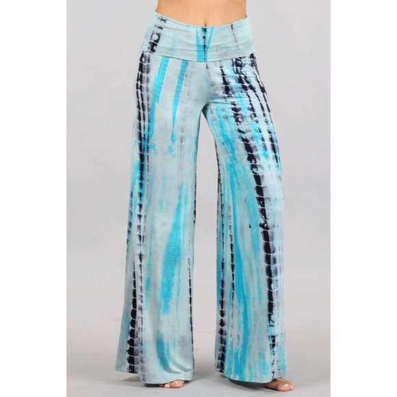 Aqua Blue Boho Tie Dye Foldover High Waist Wide Leg Palazzo Lounge Stretch Pants - Picture 2 of 6